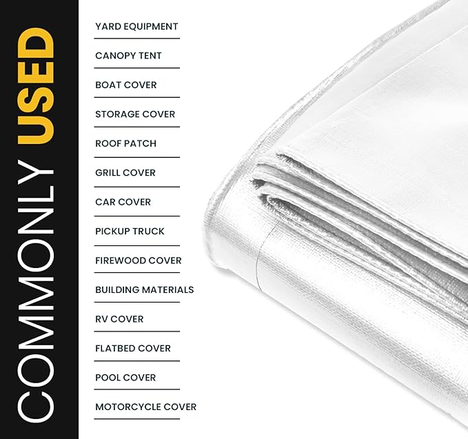 PROTARP Extra Heavy Duty 16 Mil Tarp Cover, Waterproof, UV Resistant, Rip and Tear Proof, Poly Tarpaulin with Reinforced Edges for Roof, Camping, Patio, Pool, Boat. (White 30′ X 30′)
