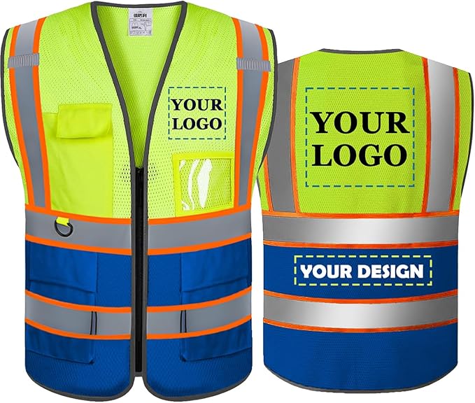 BeautyWill Custom Safety Vest Customized Logo Mesh Vest Class2 High Visibility Reflective Vest with Pockets Blue workwear（Yellow Blue，M ）