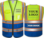 BeautyWill Custom Safety Vest Customized Logo Mesh Vest Class2 High Visibility Reflective Vest with Pockets Blue workwear（Yellow Blue，M ）