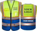 BeautyWill Custom Safety Vest Customized Logo Mesh Vest Class2 High Visibility Reflective Vest with Pockets Blue Workwear（Yellow Blue，L）