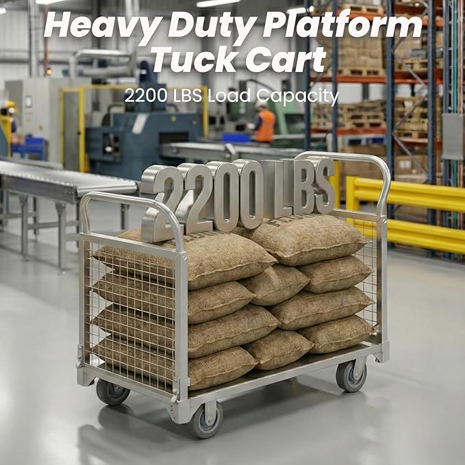 Heavy Duty Push Cart with Wheels 2200 LBS Capacity - Large Metal Grocery Cart with Enclosed Cage, 40x24 Flatbed Wagon for Commercial Laundry, Apartment, and Outdoor Gardening