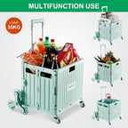 Foldable Utility Cart with Stair Climbing Wheels, Collapsible Rolling Crate with Telescoping Handle, Shopping Trolle Handcart Grocery Book File Tool Art Supplies Teacher Storage Basket(Green)