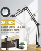 10X Magnifying Glass with Light and Clamp, Ultra Long 3 Section Swing Arm LED Desk Lamp, 5 Color Modes Stepless Dimmable, Hands Free Lighted Magnifier with Stand for Repair Reading Crafting Close Work