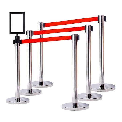 VIP Crowd Control Retractable Belt Stanchion Queue Safety Barrier Set, 36" Ht, 78" Belt + Wall Bracket (6 Mirror Posts Red Belt + SFrame + WBracket)