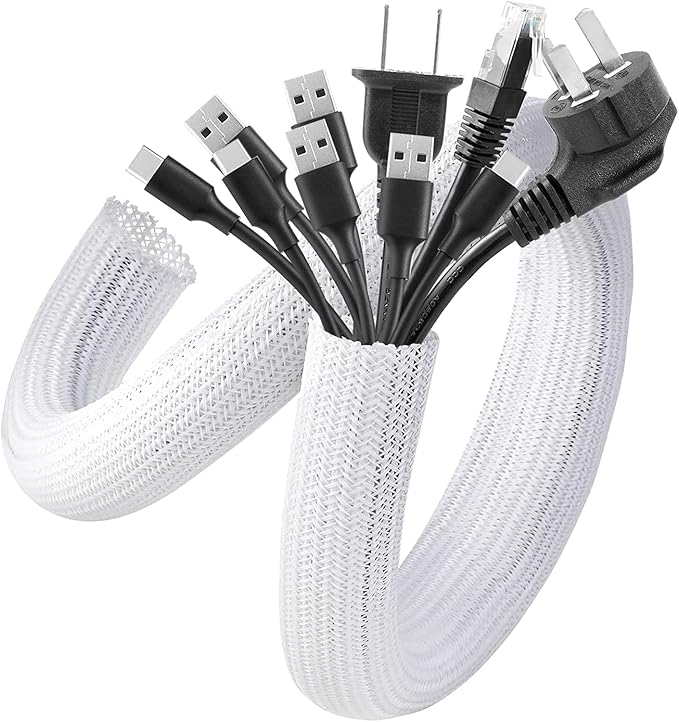 AGPTEK Cable Sleeve Cover, 20ft - 4/5 inch Desk Cord Organizer Cable Hider, Home Office Wire Management Computer TV Wire Loom Tubing, Pet Proof Cord Protector, from Cat Dog Chewing, White