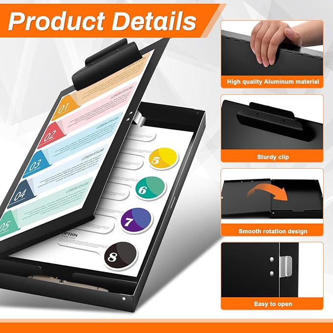 1 Pcs 11 x 17 Inch Aluminum Clipboard with Storage Metal Clipboard High Capacity Clip for Student Teacher Nurse, Black