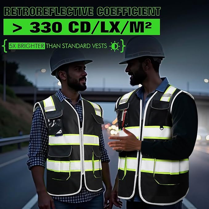 BeautyWill ANSI Certified Custom Logo Safety Vest 8-Pockets Class2 High Visibility Reflective Vest for Men - Personalized Logo Heavy-Duty Work Vest（Black，4XL）