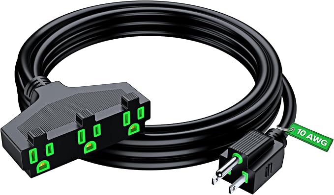 Maximm 10/3 Extension Cord 10 Feet, 10AWG Black, ETL Listed, 3 Prong Plug 3-Outlet SJTW Heavy Duty Indoor, Weather Resistant - Power Cord for Garden, Lawn, Appliances, 10ft
