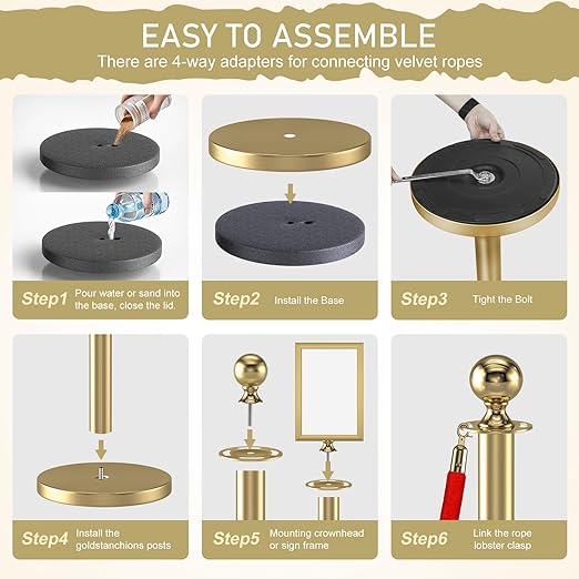 kaiyomi 8Pcs Stanchions Posts Velvet Ropes with Red Carpet and Sign Frame, Water or Sand-Fillable Base, Suitable for 8.5" x 11" A4 Paper Size Sign Frame for Red Carpet Party Decoration (Golden)