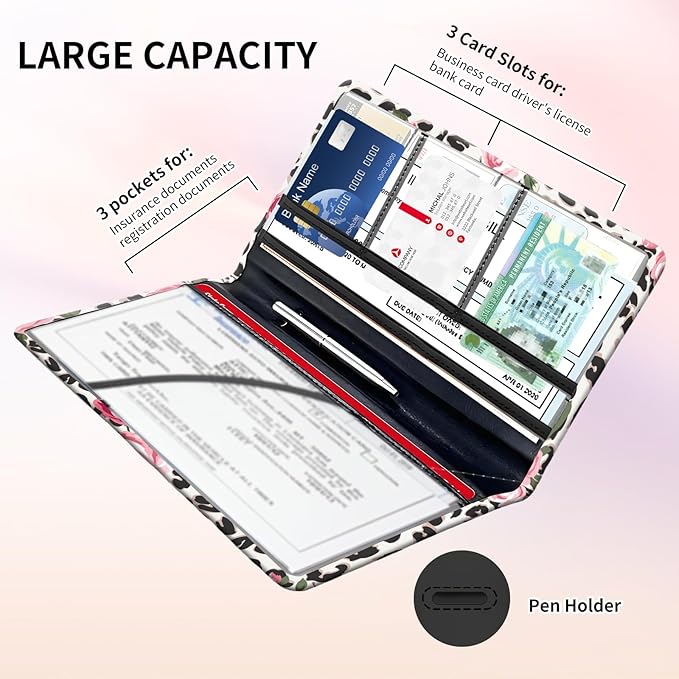 Premium Car Registration and Insurance Card Holder, Cute PU Leather Car Document Holder, Vehicle Glove Box Car Organizer with Magnetic Closure for Driver License, Cards Leopard Rose