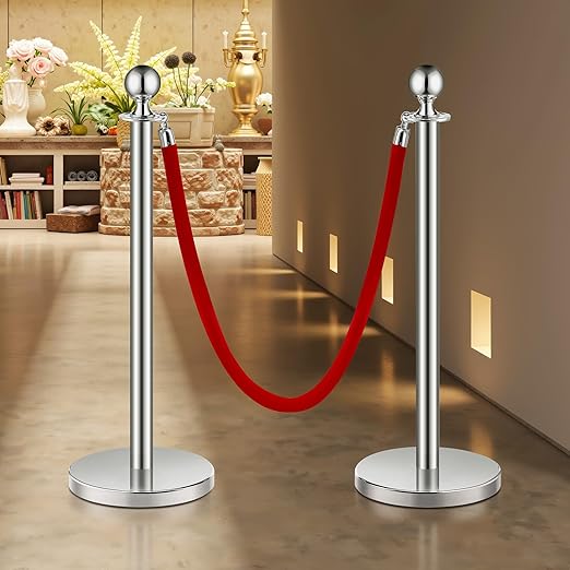 VEVOR Stanchions and Velvet Ropes 8Pcs, Hollow Base with Stainless Steel Post, 4 Red Velvet Ropes and Posts, Crowd Control Barriers Silver Stanchions, Red Carpet Runner Poles for Party Supplies