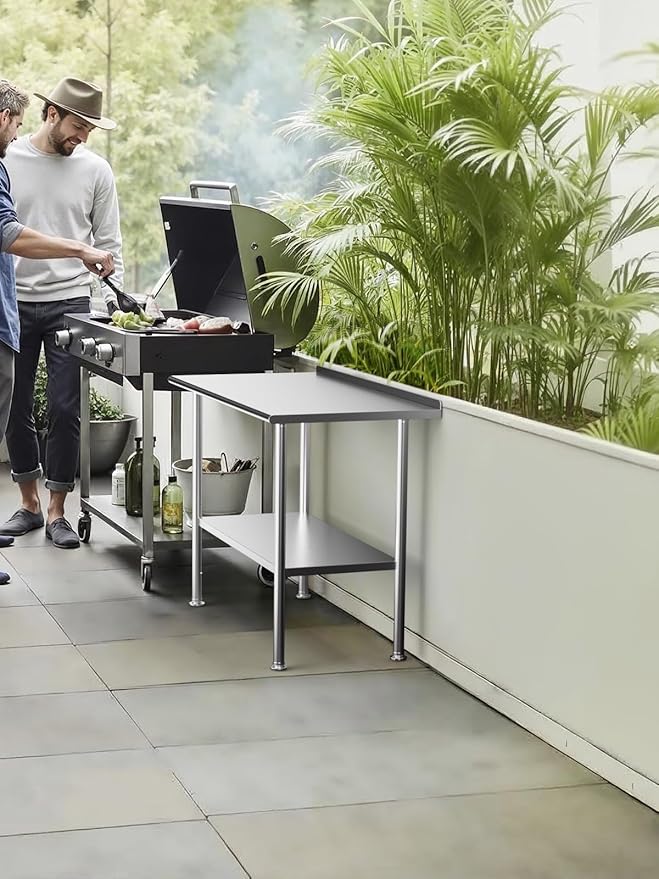 All-Stainless Steel Prep Table, 24 X 48 Inch, with Rounded-Corner Backsplash and Adjustable Undershelf, Heavy-Duty for Outdoor Use,Restaurants,Hotels,Workshops,Kitchens,Gardens, and Garages