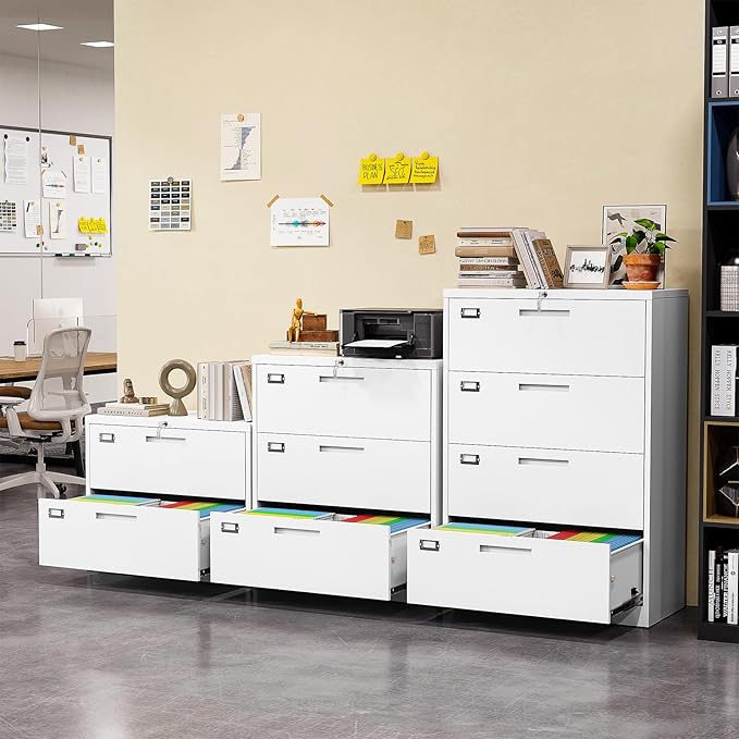 Lateral File Cabinet, Metal Filing Cabinet with Lock, 2 Drawer File Cabinets for Home Office, Office Cabinet for Hanging Files Letter/Legal/F4/A4, Assembly Required, White