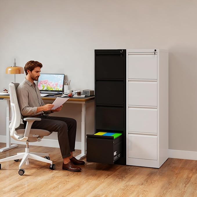 4 Drawer File Cabinet with Lock, Vertical Filing Cabinets for Home Office, Metal Storage Cabinets, Heavy Duty File Cabinet for Letter/Legal/A4/F4 Size Amssebly Required, Black
