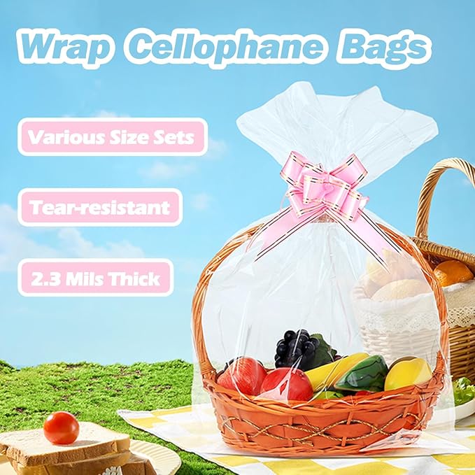 120 Packs Large Clear Cellophane Bags 14x20 18x24 24x30 Inches Jumbo Gift Basket Wraps Extra-large Clear Plastic Bags for Fruit Basket, Gift Wrap, Treats, Arts and Crafts, 120 pcs Pull Ribbon Bow Ties