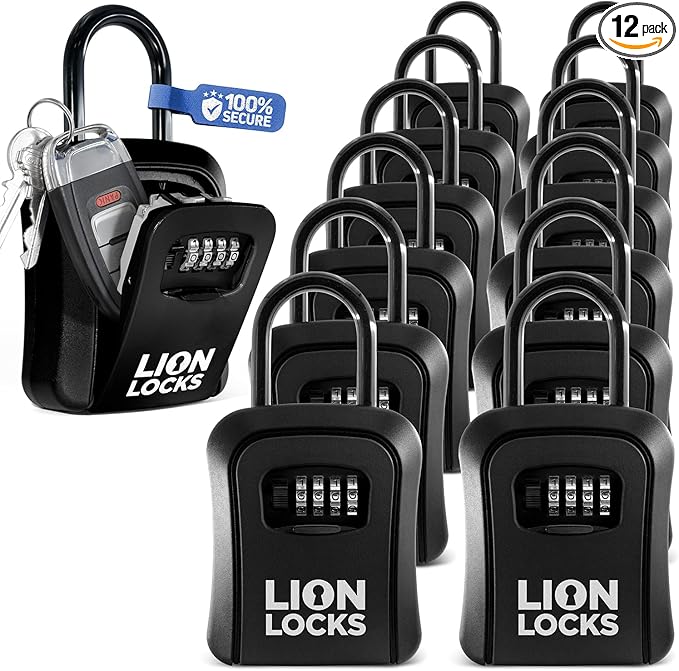 Key Lock Box for Keys with Code (12 Pack) 4 Digit Combination Lockbox for Keys Outdoor, Portable, Waterproof, Realtor Lock Box, Black