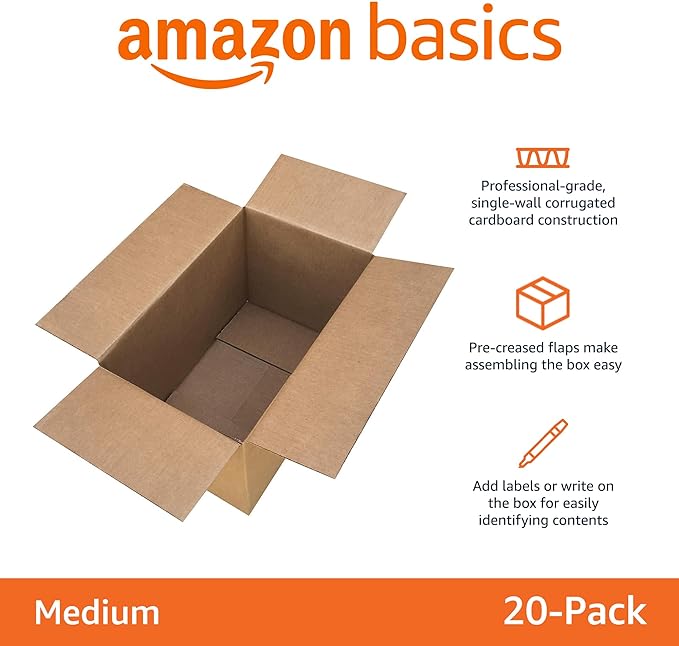 Amazon Basics Cardboard Moving Boxes, 20 Pack, Medium, Brown, 18" x 14" x 12"