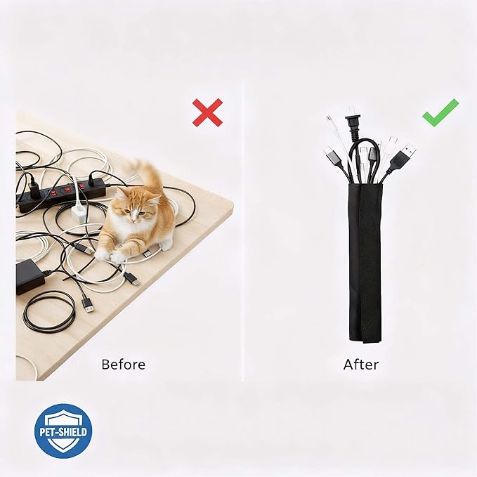 1" - 6.6FT Chew Proof Cord Protector from Pets, Black Heavy Duty Dog & Cat Cable Sleeve Cover - Flexible Split Sleeve for Home, Office, Automotive Wires