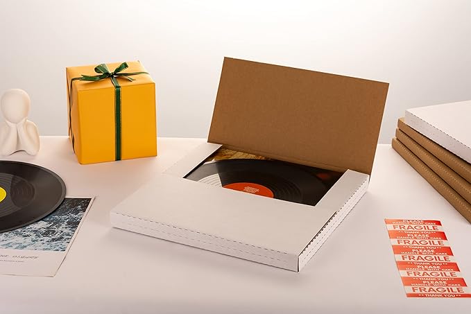 12" LP Mailers 12.8"L x 12.8"W x 1"H Vinyl Record Shipping Boxes, White Corrugated Cardboard Album Mailing Box with Fragile Stickers, 15 Pack