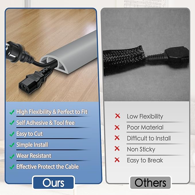 Floor Cord Cover for Wires on Floor Self Adhesive Cord Hider Floor Cable Management Wire Covers for Cords Protector Prevent Cable Trips Cord Cavity W 0.47" x H 0.27", Gray, 20Ft