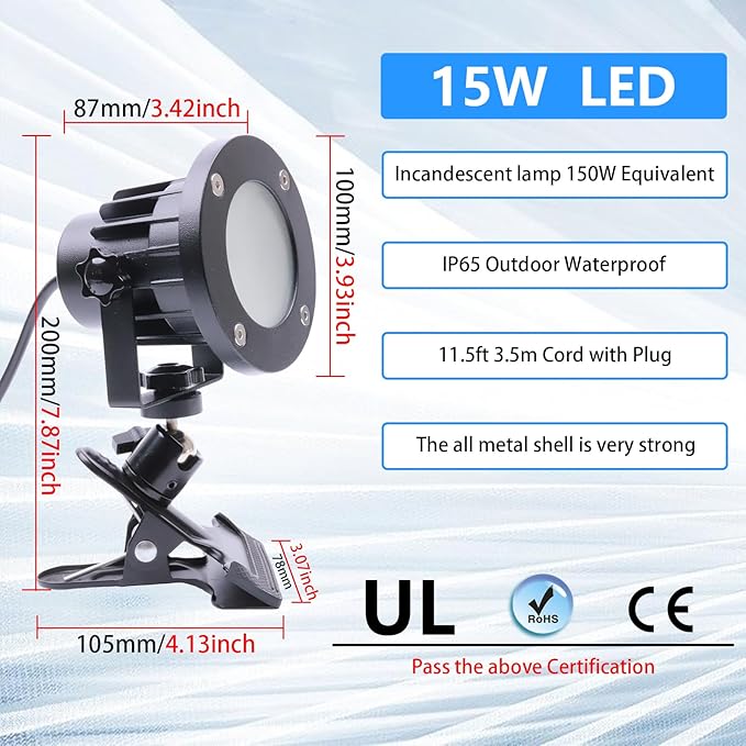 Clip Floodlight 15W LED Work Light IP65 Waterproof 150W Equivalent 11.5ft 3.5m Cord with Plug Lights for Workshop Garage, Construction Site Applicable to Various environments (15W Daylight White)