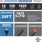 13 Amp Outdoor Extension Cord 25 ft, 16/3 SJTW 25 Foot Black Extension Cord 3 Prong, Weatherproof Exterior Power Cable for Outdside Lights & Lawn, UL Certified - US Veteran Owned