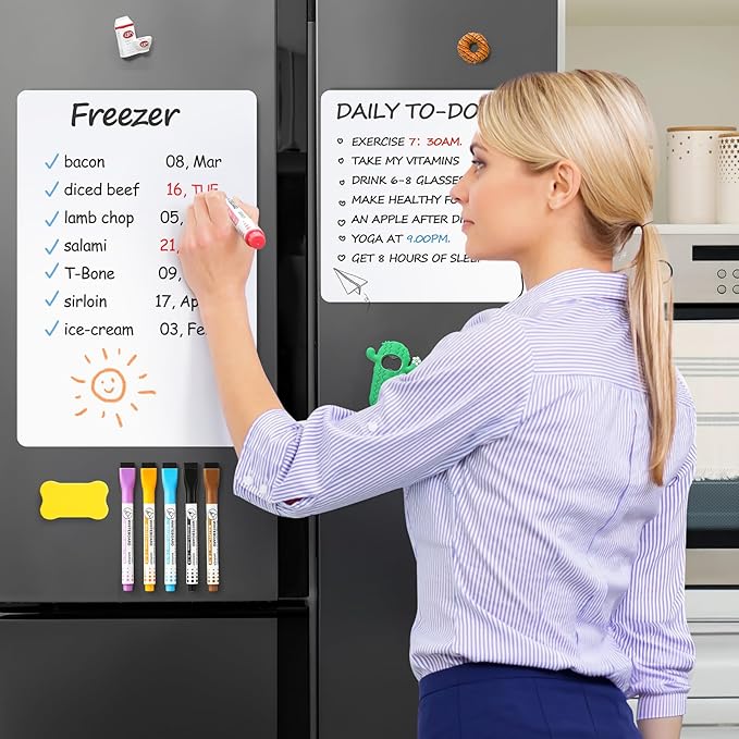 4 PACK Magnetic Dry Erase Board Sheet for Fridge, 12"x8" Erasable Refrigerator WhiteBoard w/ 6 Markers & 1 Eraser- Smooth and Flexible Small Magnet Blank Notepad for Home Kitchen Organizer and Planner
