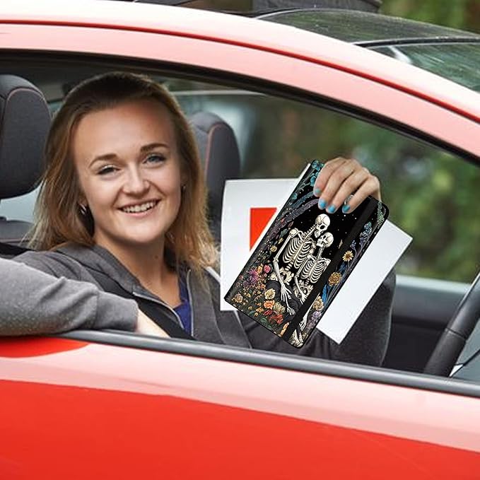 Car Registration and Insurance Holder, Leather Car Glove Box Organizer, Cool Car Accessories for ID, Driver's License Cards & Essential Document,business cards,Men&WomenSkeletons romantic Flower