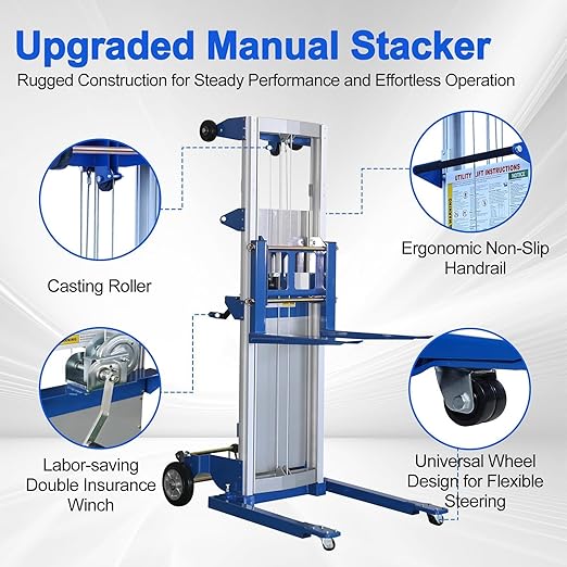 122" 400lbs Material Lift Winch Stacker with Upgrade Winch, Hand Winch Lift Truck with Adjustable Straddle Leg, Manual Material Lifter Pallet Stacker for Contractor, Workshop, Industrial