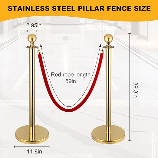 6pcs Gold Stanchions and Red Velvet Ropes 4pcs, Red Carpet Ropes and Poles, Red Carpet Divider Stands Party Decorations, Gold Stanchions Queue Barrier Reception with Fillable Plastic Base