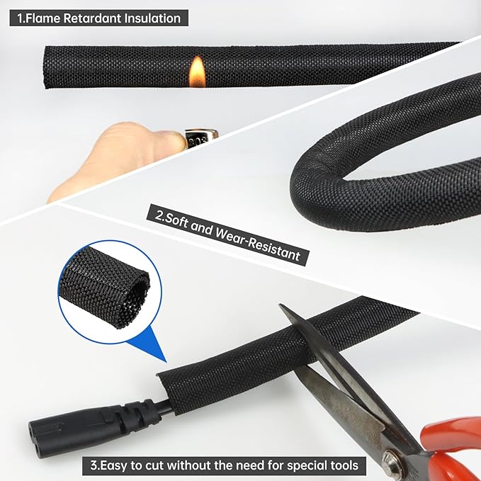 Split Braided Cable Sleeve，Flexible Wire Loom Tubing, Automotive Cord Protector Pet Proof, Cable Management for Computer TV Electric Wires Harness 16ft (Black, 32mm（1-1/4")