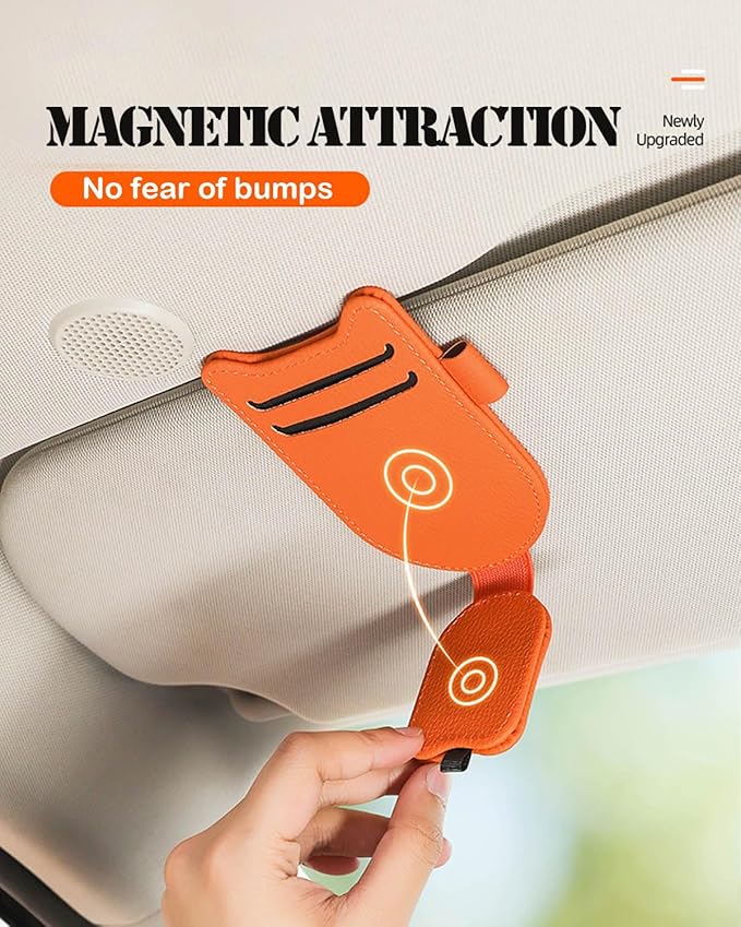 Sunglasses Holder for Car Visor, Magnetic Leather Glasses Eyeglass Clip, With Ticket and Pen Clip (Black)