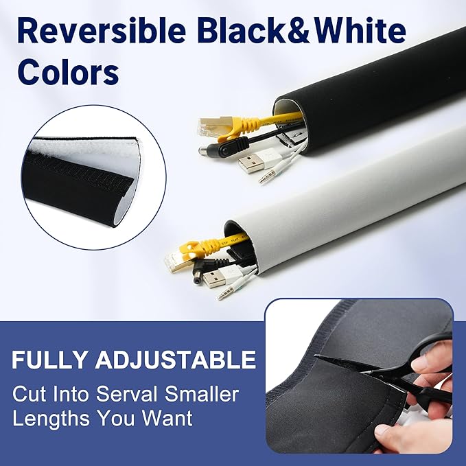 Flexible Neoprene Cable Management Sleeve 5ft - 1.5 inch, 2-Pack, Self-Adhesive Cord Organizer, Split Wire Loom Tubing Cord Protector for TV Computer Desk Office Hide&Cover Wires Protect Pets Kids