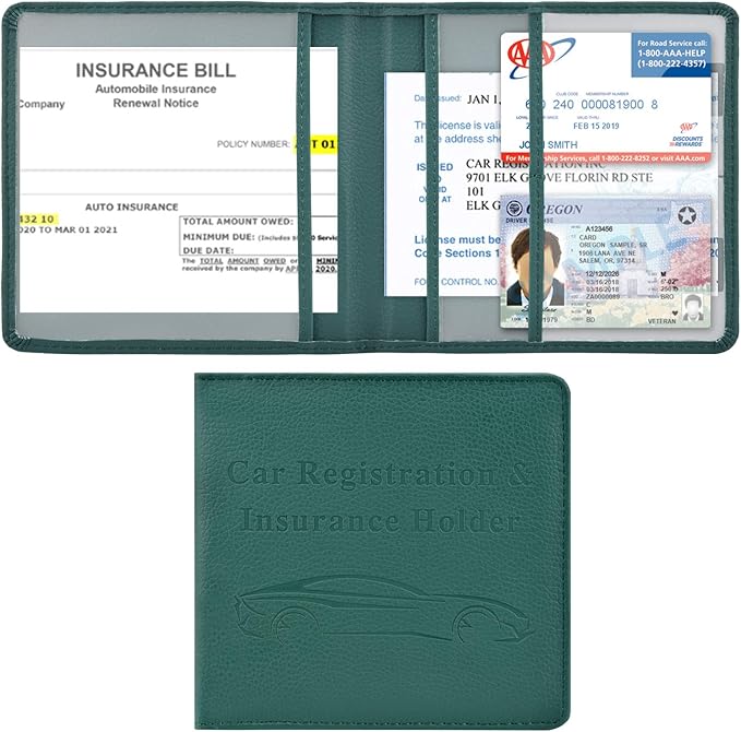 Cacturism Car Registration and Insurance Holder, Vehicle Glove Box Car Organizer Men Women Wallet Accessories Case for Cards, Essential Document, Driver License, Dark Green