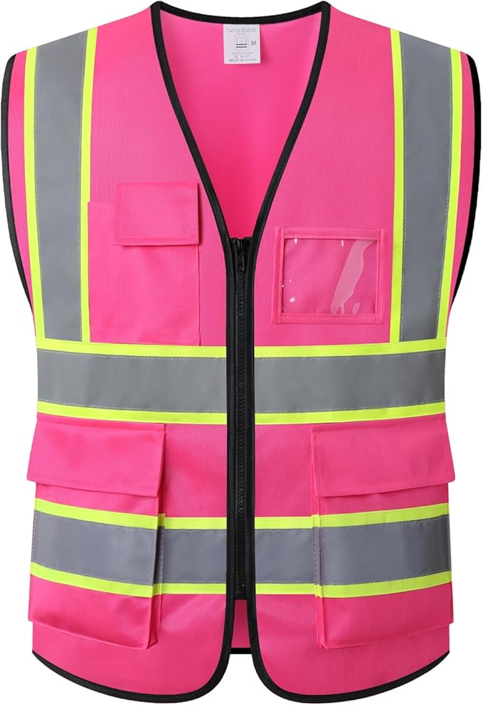 Construction Vest Pink,5 Pockets Reflective Safety Vest for Men Women High Visibility Work Vest with Zipper Front,Meets ANSI/ISEA Standards(EK175-Pink-L)