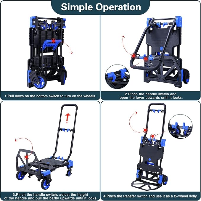 2-in-1Folding Hand Truck Dolly with Folding Basket, 330LBS Capacity Foldable Hand cart,Folding Dolly with Retractable Handle,Hand Truck Foldable with 4 Wheels for Moving