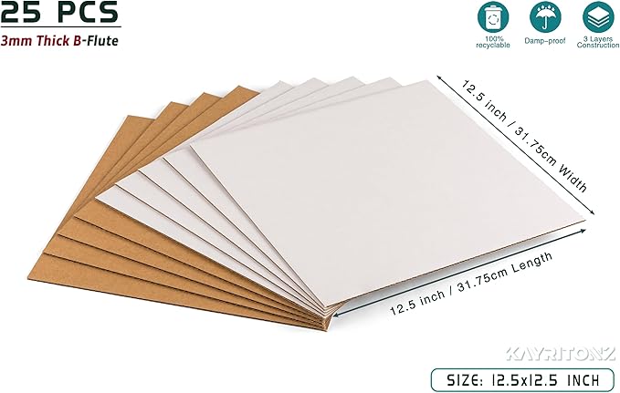 12.5x12.5 inch Corrugated Cardboard Sheets - 12" LP Record Insert Pads for Shipping, Mailing, Packaging, Art Supplies, DIY Crafts, 1/8" Thick Protective Sheets, One-Side White, 25 PCS