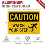 T&R Caution Watch Your Step Signs - 2 Pack - 10 x 7 Inches Rust Free .040 Aluminum -Reflective, UV Protected, Waterproof, Weatherproof and Fade Resistant - 4 Pre-drilled Holes