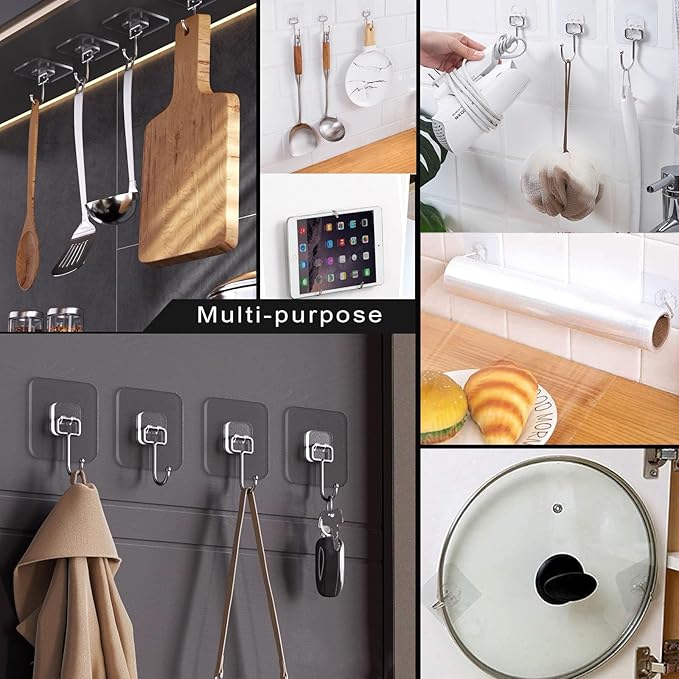 ZESLMG Large Adhesive Hooks for Hanging Wall, 22 Pack Self Sticky Hooks Heavy Duty 22lb Clear, Removable Shower Hook No Damage for Towel Key Coat Wreath Picture Outdoor Bathroom Kitchen, Waterproof