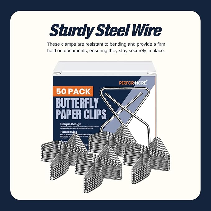 Versatile Butterfly Paper Clips | 1.4mm Thick | 1 x 1.5 Inch | 2-Pack (100 Total) | Rust-Resistant Metal Craft Clips | Office Document Holders | Sewing & DIY Organizer