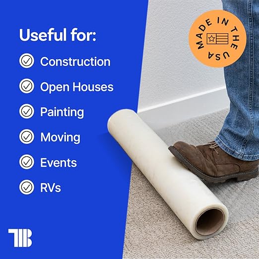 TapeManBlue Carpet Protection Film, 24 inch x 500 feet, Made in The USA, Strong and Durable Plastic Carpet Protector with Easy Unwind and Clean Removal, Clear Self-Adhesive Surface Protective Film