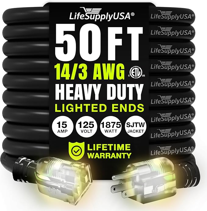 50ft Outdoor/Indoor Extension Cord 14/3 Gauge Heavy Duty 3 Prong SJTW, Waterproof, ETL Listed, Flexible Cold-Resistant Long Power Cord,15A 125V 1875W, Black by LifeSupplyUSA