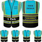 5 Pack Custom Safety Vest Customized Logo Mesh Vest Class 2 High Visibility Reflective Vest with Pockets Workwear（LightBlue Black，XL ）