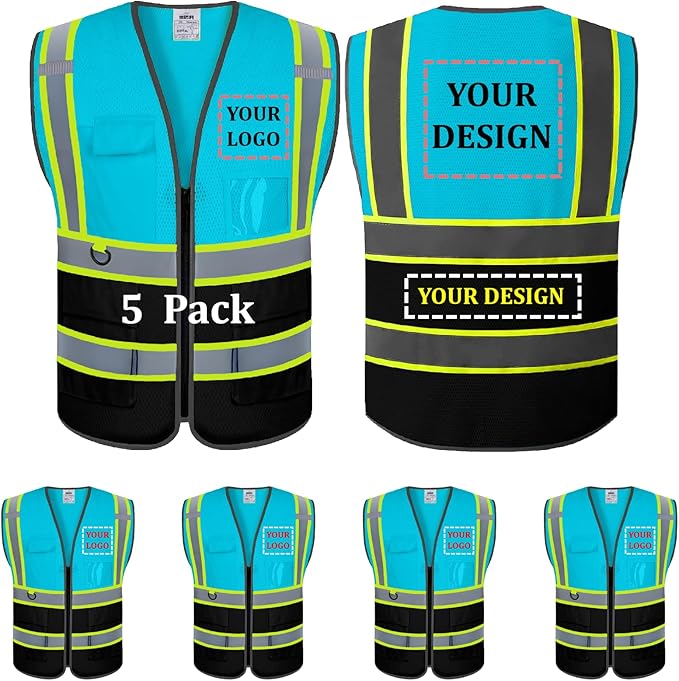 5 Pack Custom Safety Vest Customized Logo Mesh Vest Class 2 High Visibility Reflective Vest with Pockets Workwear（LightBlue Black，XL ）