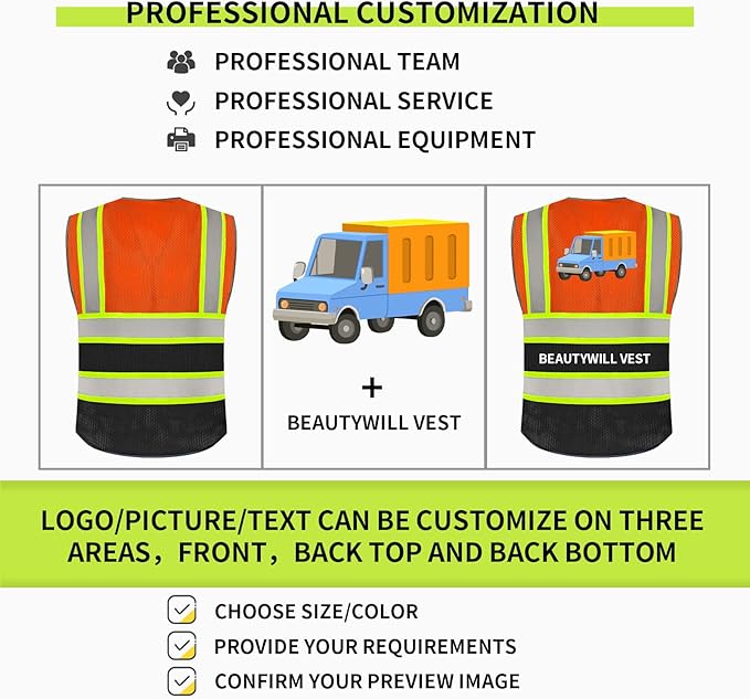 BeautyWill Custom Logo Safety Vest Class2 High Visibility Reflective Vest Breathable Construction Vest