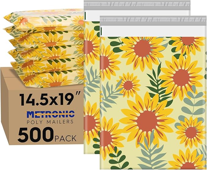 Metronic Poly Mailers 14.5x19 Inch Shipping Bags for Clothes,Self Adhesive Shipping Envelopes for Small Business,Waterproof Mailers Poly Bags for Shipping,Packaging Mailing Bags Sunflower 500pc