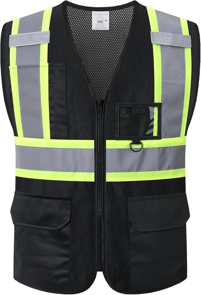 Safety Vest for Men Women,Mesh High Visibility Reflective Vest with Multiple Pockets and Zipper Front,Meets ANSI/ISEA Standards(EK1-178-Black-L)