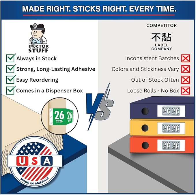 2026 Year Labels, Doctor Stuff 2026 Chart Stickers, Green Color Coded, Tabbies 11700 Style, USA Made Year Stickers for End Tab File Folders, 1000/Roll, 1 Roll, 3/4" x 1-1/2"