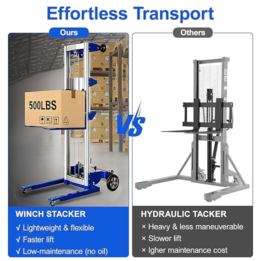 70" 500lbs Material Lift Winch Stacker, Hand Winch Lift Truck with Adjustable Straddle Leg, Manual Material Lifter Pallet Stacker for Contractor, Workshop, Industrial, 42.90" L x 43.30" W