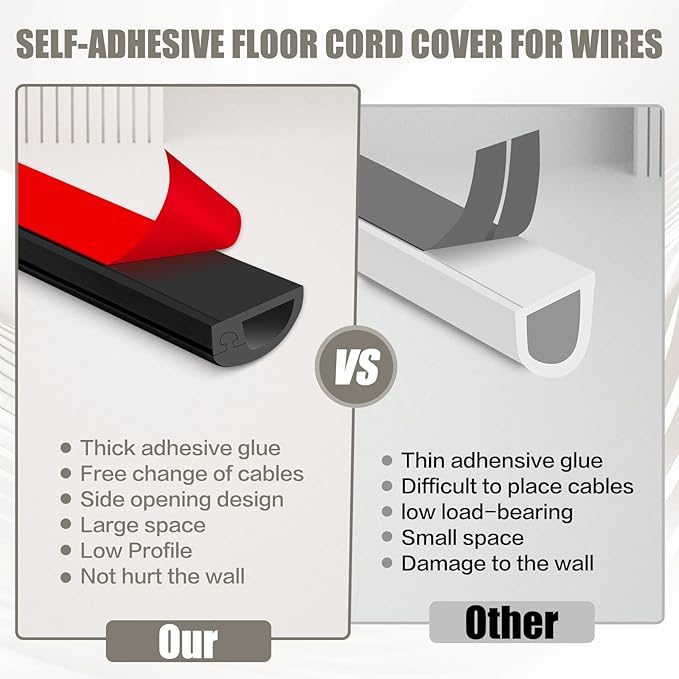 Cord Wall Cover, 236in Self-Adhesive Wire Covers for Cords on Wall, Extension Cable Hider for Floor, Mounted Tv, Home and Office Cavity 0.63" Wx0.31 H (Black)